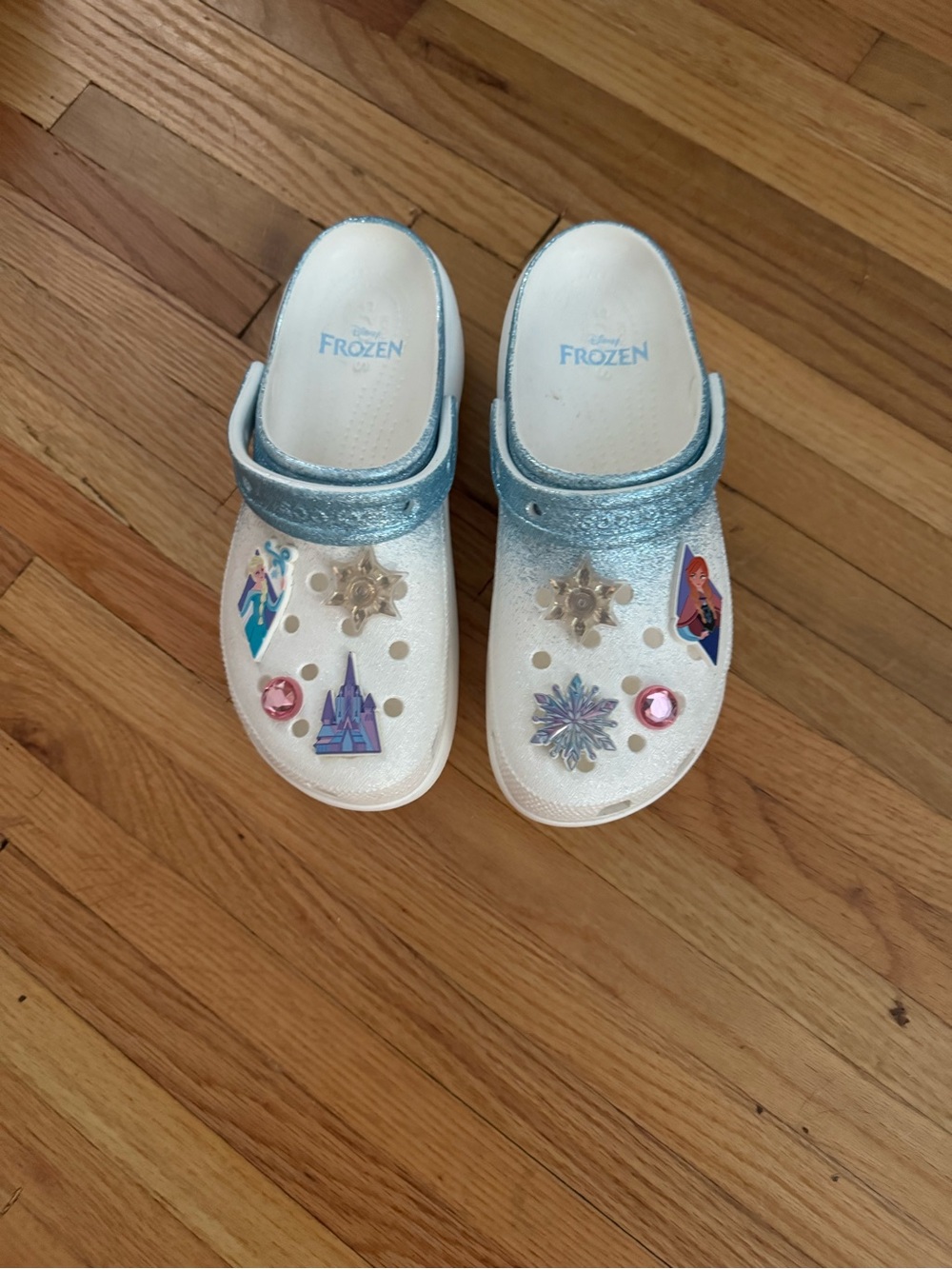 CROCS White Platform Clogs with Light Blue Straps and Frozen Charms